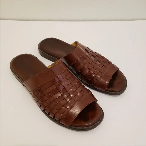 Bally Brown Woven Leather Slide Sandals Men Size 8 Brown - Picture 2 of 9